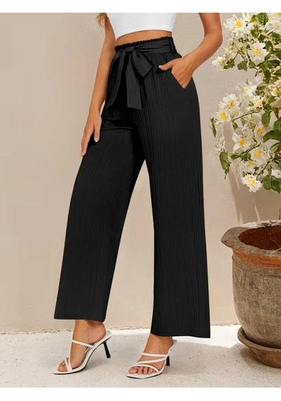 DefyModa Kadın Yüksek Bel Lastikli Bağcıklı Uzun Geniş Kesim Detaylı Krinkıl Pantolon Siyah