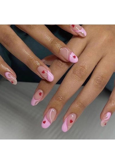 Kalpli Simli Pembe French Badem Takma Tırnak Seti 24 Adet
