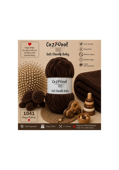 Kadife İp Soft Chenille Bulky 5'li Paket 5x100 Gr 120 Mt El Örgü İpi Koyu Kahve - 875823131