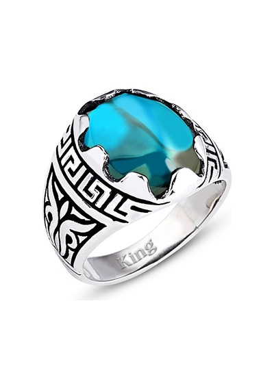 Kuyumcudukkani Düz Oval Kubbe Kesim Taşlı Gümüş Erkek Yüzük-60003-w-blu 33 Beyaz