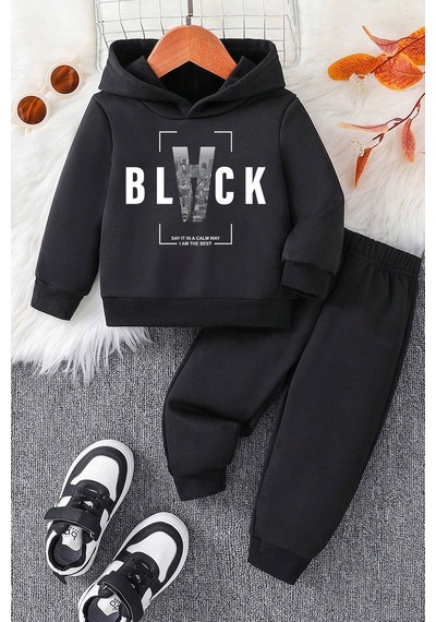 Uyguntarz Black Baskılı Çocuk Rahat Eşofman Takımı Siyah