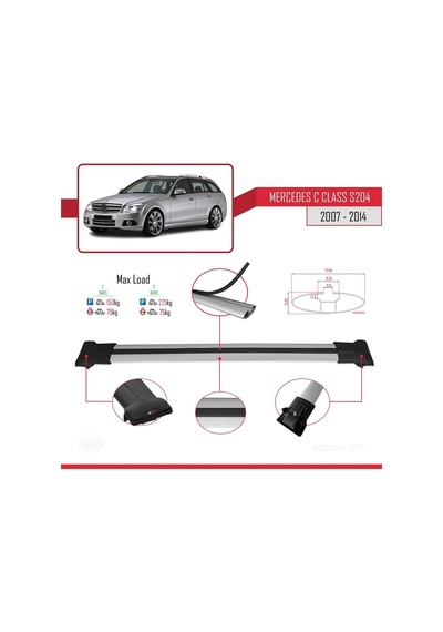 Mercedes C Class S204 2007-2014 Arası İle Uyumlu Fly Model Ara Atkı Tavan Barı Gri