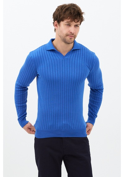 Cool Tarz Saks Erkek Polo Yaka Fitilli Triko Kazak Saks Saks