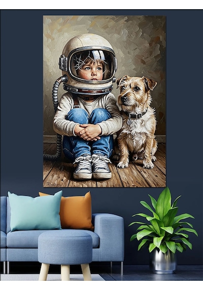 Ahşap Tablo Astronot Çocuk Ve Köpek Dostu Hayvan Tabloları