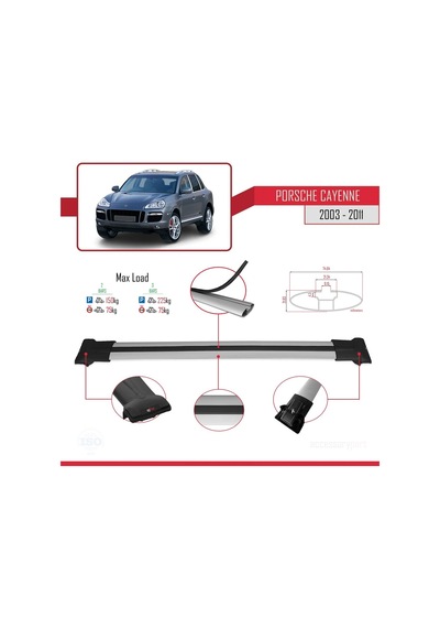 Porsche Cayenne 2003-2011 Arası İle Uyumlu Fly Model Ara Atkı Tavan Barı Gri