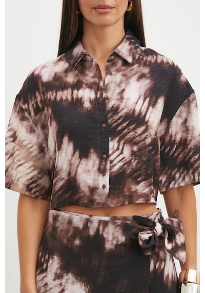 Uterpe Brown Mocha Tie Dye Cropped Shirt Bej