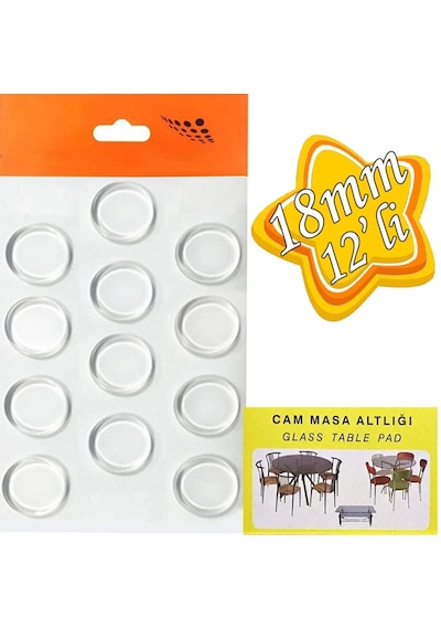 Yapışkanlı Cam Tutucu Şeffaf 18mm 12'li Mobilya Raf Ses Tutucu
