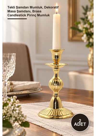 2 Adet Pirinç Şamdan Tekli Şamdan Mumluk, Dekoratif Masa Şamdanı, Brass Candlestick Pirinç Mumluk Diğer