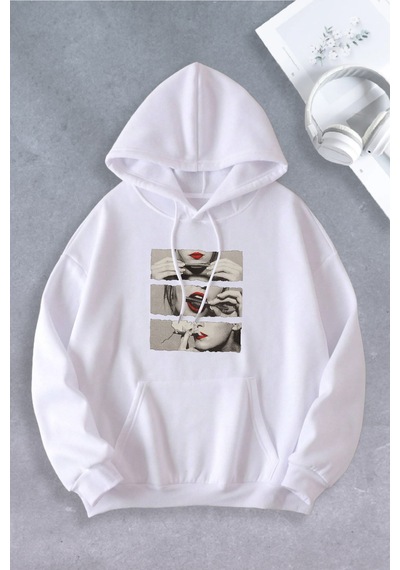 Nevermind Unisex Kadın Erkek Sigara Dudak Modeli Oversize Sweatsh Beyaz