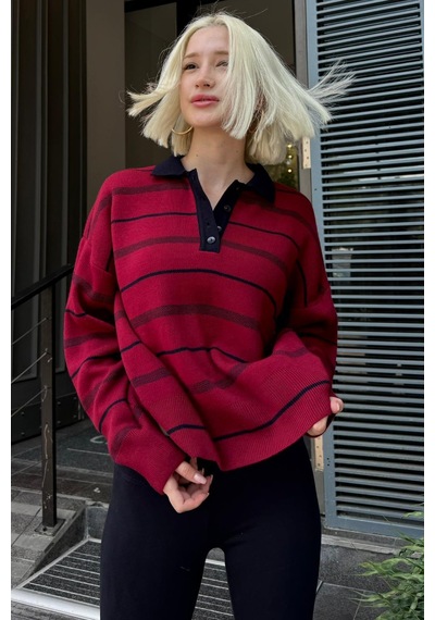 Madmext Bordo Çizgili Polo Yaka Kadın Kazak Mg2476 Bordo