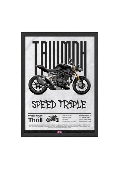 Triump Speed Triple Siyah Ahşap Çerçeveli Poster, Dekoratif Motosiklet Duvar Tablosu