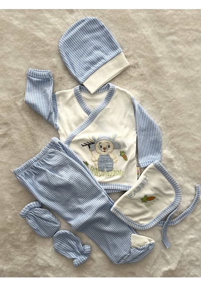 Özlem Bebe Desenli 5li Zıbın Set Beyaz - Mavi