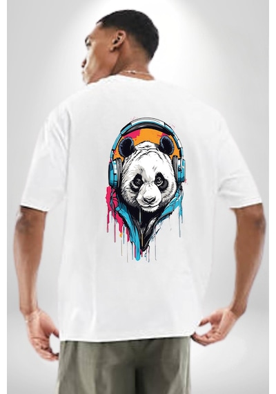 Kulaklık Ayı Panda Beyaz Oversize Unisex Ön Ve Sırt Baskılı Tişört Beyaz