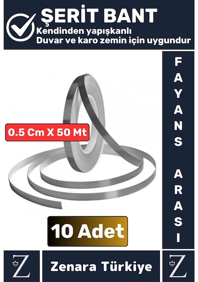 Premium Güçlü Kendinden Yapışkanlı Su Geçirmez Fayans Arası Şerit Derz Bant 0.5 Cmx50 Metre 10 Adet