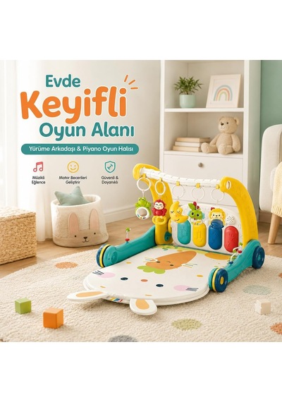 Piyanolu 2'si 1 Arada Bebek Yürüteci Ve Tavşan Desenli Mavi Oyun Halısı, Müzikli Aktivite Oyuncağı Bıb-6015