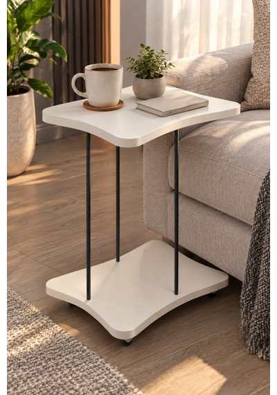 Sulorahome Tekerlekli Yan Sehpa Krem Renk Metal Ayaklı Servis Sehpası Abanoz