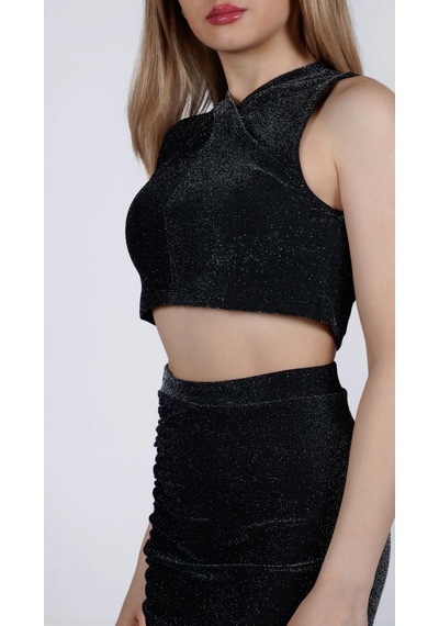 Parlak Simli Crop Bluz Çok Renkli