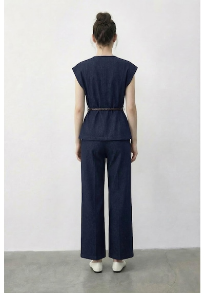 Shade Kadın Kruvaze Yaka Saten Kuşaklı Yelek Bol Pantolon Alt-üst Denim Takım 9415 60286044 - Lacivert