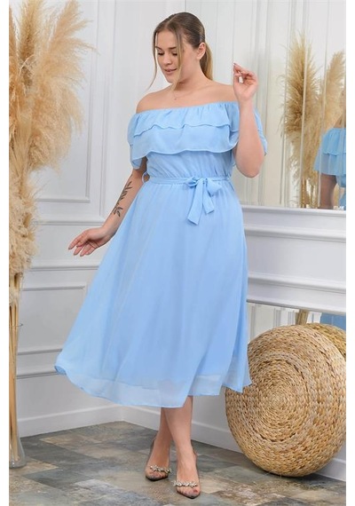 Dip Moda Kadın Şifon Kuşaklı Büyük Beden Elbise Dpnb8061 Bebe Mavisi Bebek Mavisi