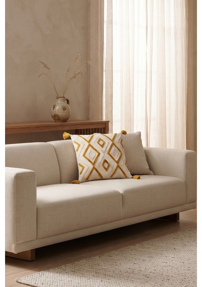 Bohem Etnik Geometrik Desenli Kabartmalı Punch Nakışlı Püsküllü Kırlent Kılıfı 42x42 Cm Sarı