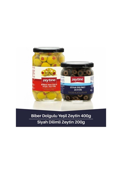 Biberli Yeşil Zeytin 400 Gr 141/160 4xl Cam Kavanoz & Siyah Dilimli Zeytin 200 Gr Cam Kavanoz