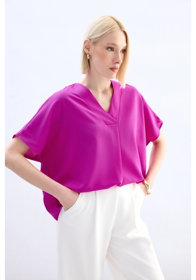 Sateen Geniş Kısa Kollu Bluz - Fuşya-136762 Fuşya