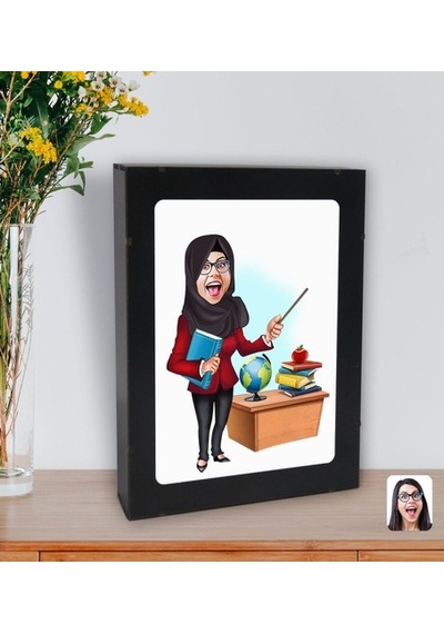 Kişiye Özel Tesettürlü Kadın Öğretmen Karikatürlü Led Işıklı Ahşa (508326810)