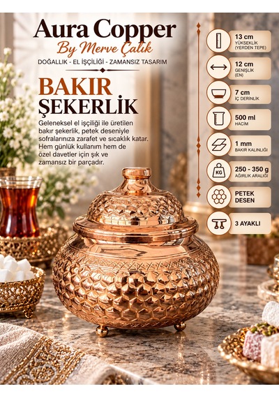 Aura Copper Kapaklı Bakır Şekerlik 3 Ayaklı El İşlemeli Lokumluk Bakır Renk Petek