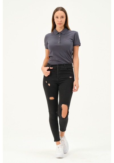 Msw Kadın Kısa Kollu Regular Fit Polo Yaka T-shirt Füme