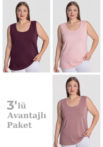 Astrid T Özel Üretim Yuvarlak Yaka Alternatif Klasik Kadın Pamuklu Büyük Beden Kalın Askılı Atlet 3'lü Paket Gül Kurusu Pembe Mürdüm