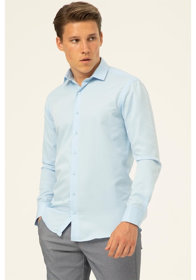 Süvari Buz Mavi Slim Fit Armürlü Klasik Yaka Gömlek Buz Mavi