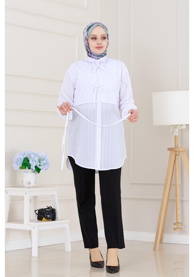Sevitli Cepken Detaylı Bağlamalı Keten Tunik-beyaz-5117 Beyaz