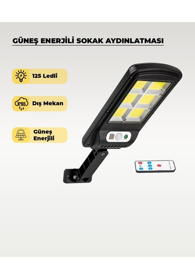 125 Led Solar Sokak Aydınlatması Sensörlü Kumandalı 6500k Beyaz Işık Güneş Enerjili Dış Mekan Lamba 1 Adet