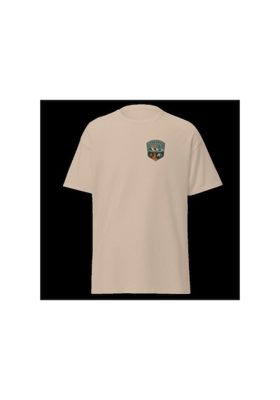 Wildstyle Uzaklara Git Renkli Vintage Dağ Doğa Macera Rozet Baskılı Unisex Bisiklet Yaka Pamuklu Tişört Camel