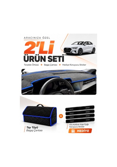 E-biz Audi A3 2020-2026 Uyumlu Torpido Örtüsü + Tay Tüyü Bagaj Çantası Seti - Siyah-mavi - Au008