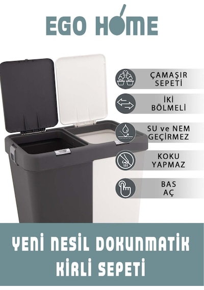 Mote Ikili Dokunmatik Kirli Çamaşır Sepeti Çift Bölmeli Otomatik Kapaklı 80 Lt Gri