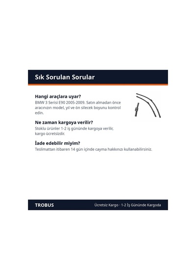 Trobus Bmw 3 Serisi E90 2005-2009 Uyumlu Ön Silecek Süpürge Takımı 24-19 İnç