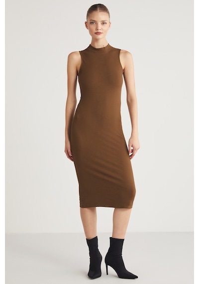 Grımelange Pannı Kadın Bisiklet Yaka Kolsuz Slim Fit Midi Kahverengi Elbise