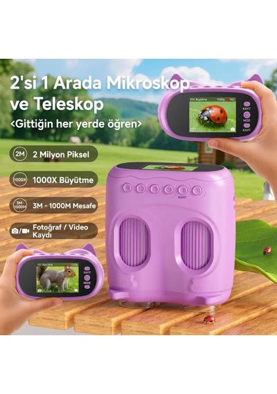 387 Mor 2'si 1 Arada Dijital Çocuk Mikroskobu & Dürbün - 1000x Büyütme, 1000 Metre Menzil, 2 Mp Full Hd Ekranlı Eğitici Bilim Kiti
