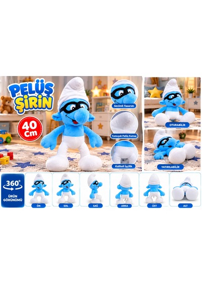 Oyuncak Peluş Şirinler Şirin Baba-şirine-gözlüklü Şirin-gülen Şirin Sevimli Oyun Arkadaşı Hediyelik 40 Cm Mavi - Siyah