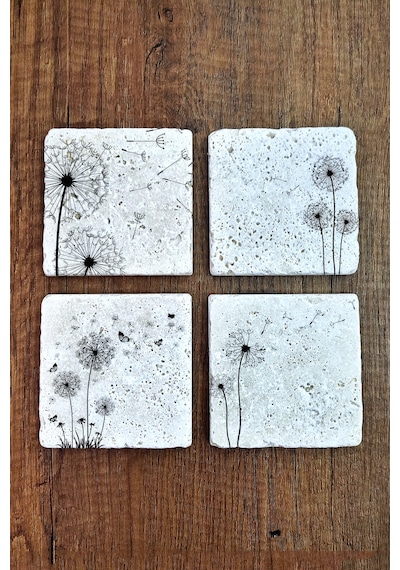 Doğal Taş Bardak Altlığı 4'lü Set 10x10x1 Cm Beyaz Karahindiba Silüeti Desenler Stone Coasters Çok Renkli