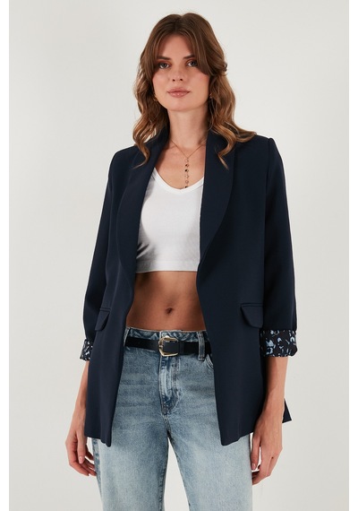 Lela Regular Fit Klasik Yaka Desenli Astar Detaylı Blazer Bayan Ceket 6839227 Lacivert