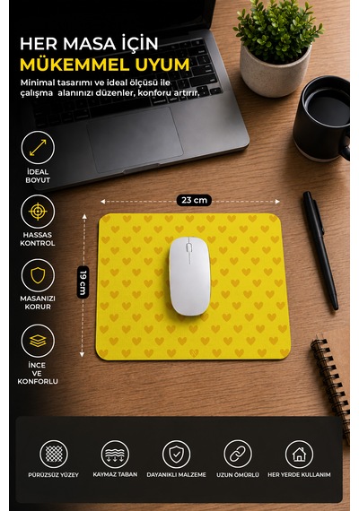 Sarı Renkli Kalpli Desenli Ergonomik Mouse Pad, Kaymaz Yüzey İle Ev Ve Ofis Kullanımı İçin İdeal