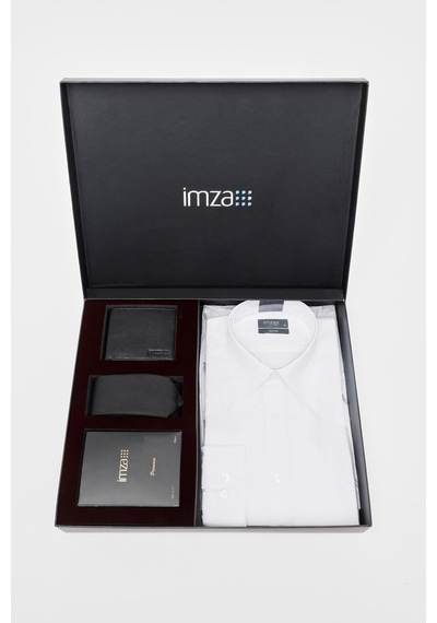 İmza Beyaz Gömlek Slim Fit, Kravat, Cüzdan, Parfüm 4'lü Set, Damat Bohçası, Hediye Seti, Düğün Set Beyaz