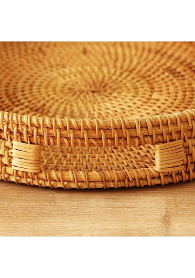Bohem Rattan Kulplu Yuvarlak Tepsi 35x6 Cm Large, Iskandinav, Modern