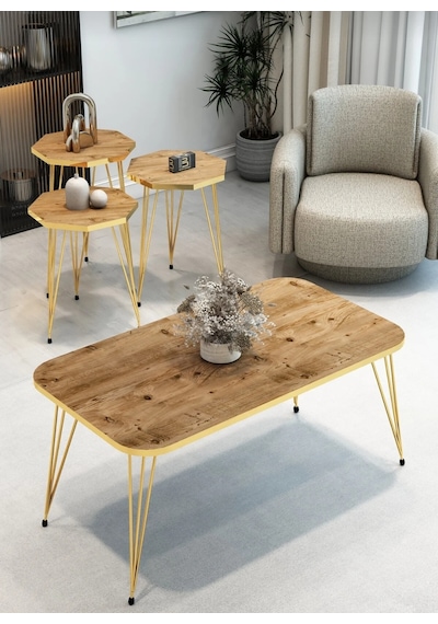Zigon Sehpa Ve Orta Sehpa Takımı Salon Sehpa Seti 4 Lü Ahşap - Altın