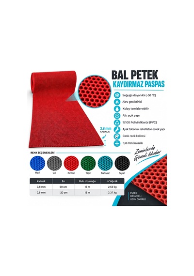 Hortumtech Bal Petek Paspas Kaydırmaz Pvc Islak Zemin Duş Havuz Su Tahliyesi 4 Mm - Kırmızı 120 X 1100 Cm