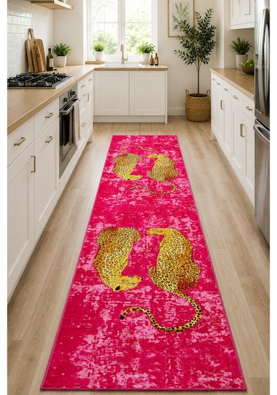 Mesio Pink Makinede Yıkanabilir Kaymaz Taban Leke Tutmaz Dijital Salon Halısı Mutfak Halısı Ve Yolluk Pembe