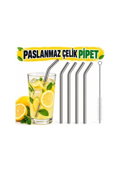 Paslanmaz Çelik Pipet Seti 5 Parça Metal Meşrubat Pipeti Ve Pipet Temizleme Fırçası Gri