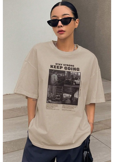 Unisex Keepgoing Baskılı Tasarım Tshirt Bej